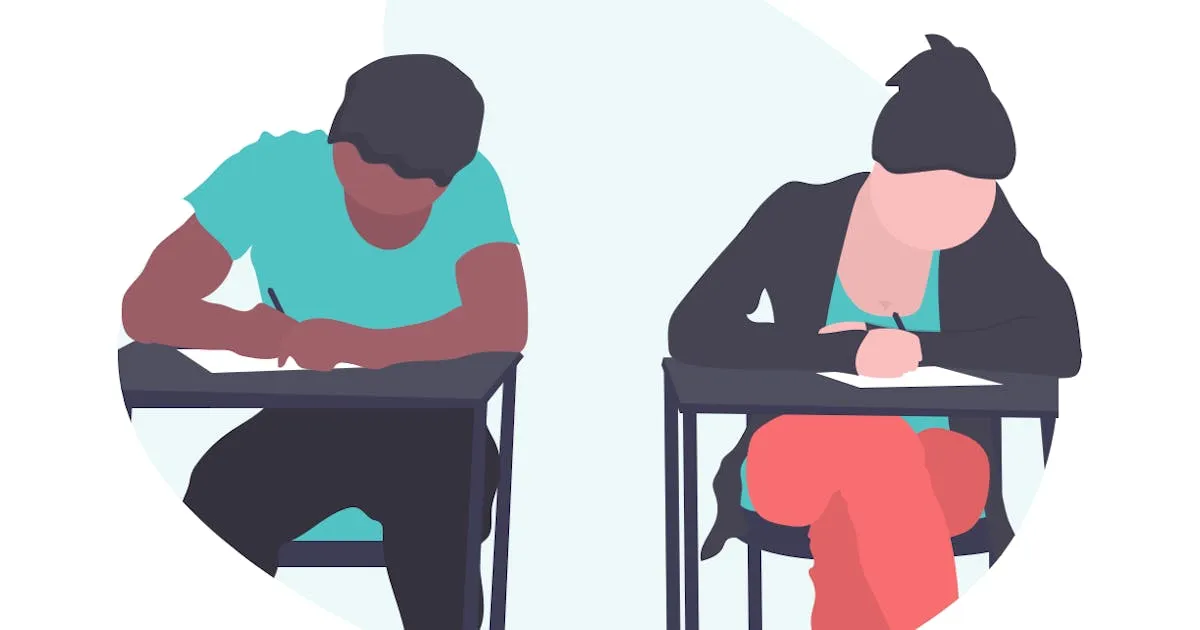 Illustration of two students writing at their desks one next to the other