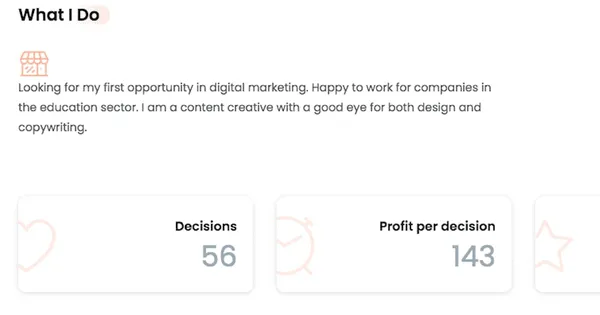 Image of Simbound Skills Profile containing user description, number of decisions, profit per decision and ranking 