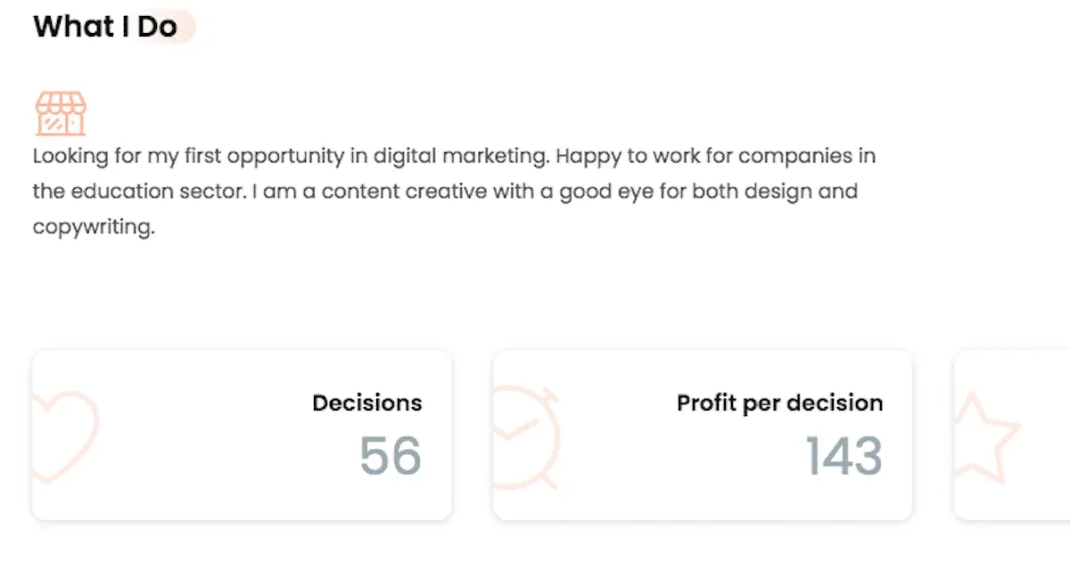 Image of Simbound Skills Profile containing user description, number of decisions, profit per decision and ranking 