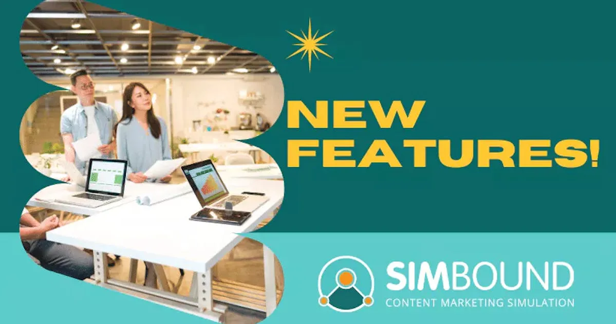 Image with a man and woman sitting at a desk looking towards a graphical banner with the text New Features and the Simbound logo