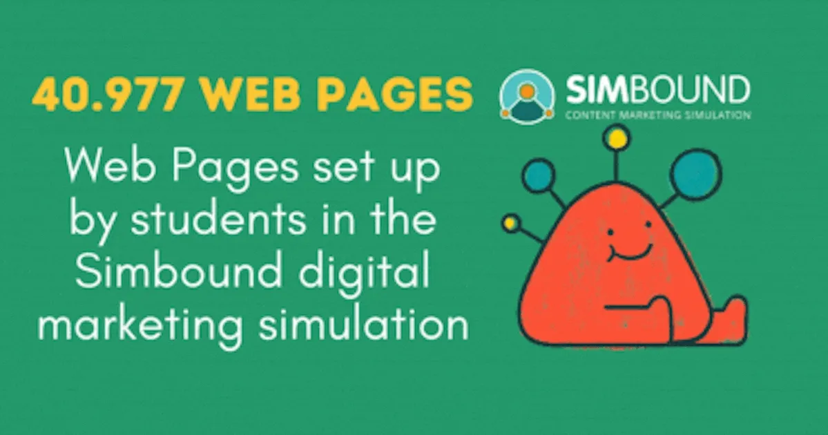 GIF with text: 40977 Web Pages set up by students in the Simbound digital marketing simulation since 2020 and Simbound logo