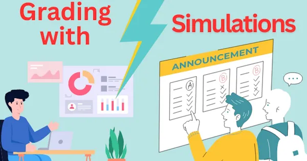 Illustration of person at laptop and 2 students checking a notice board