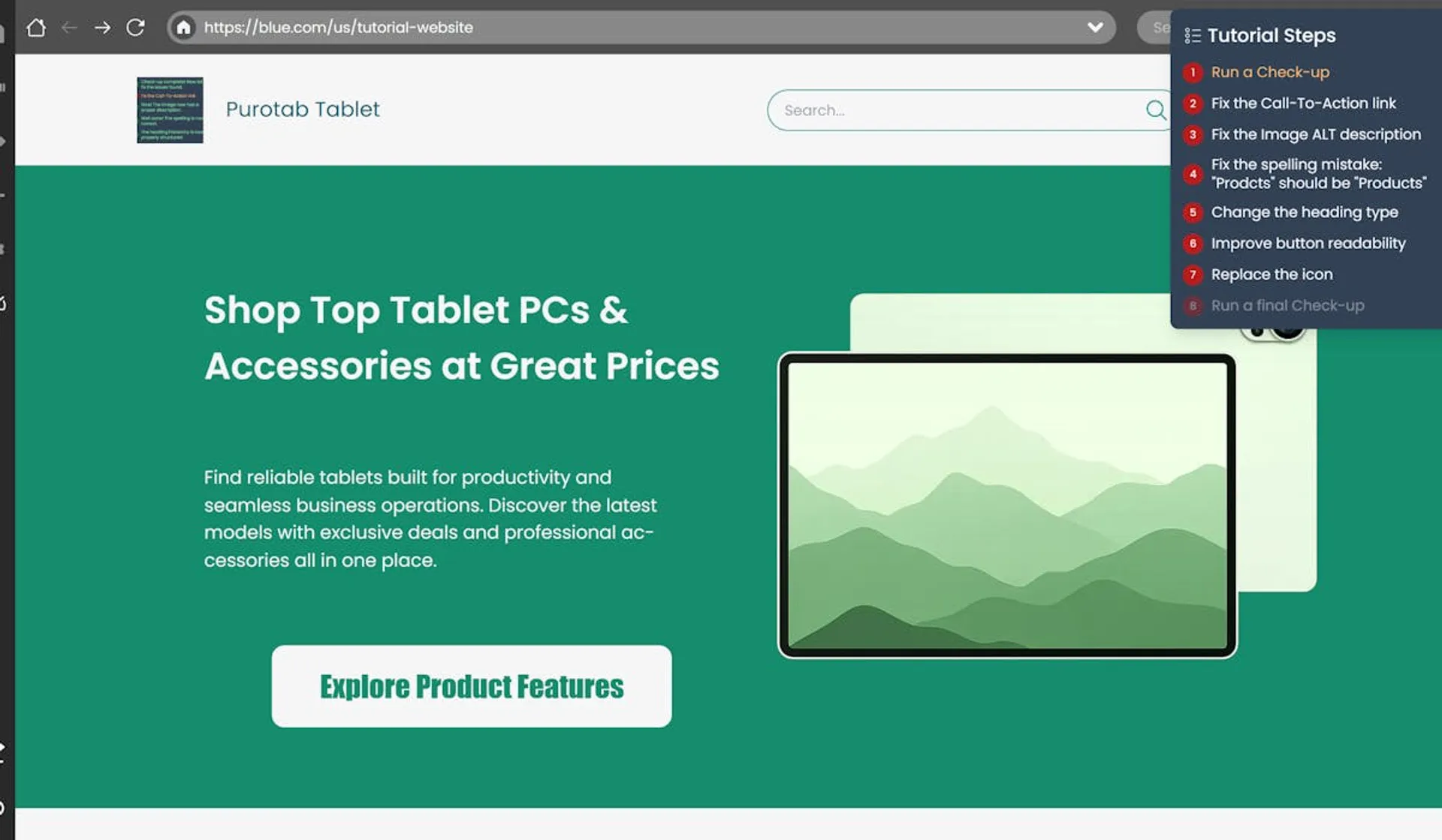 Display of the Simbound website editor. The edited page has a white navbar with a green theme hero section