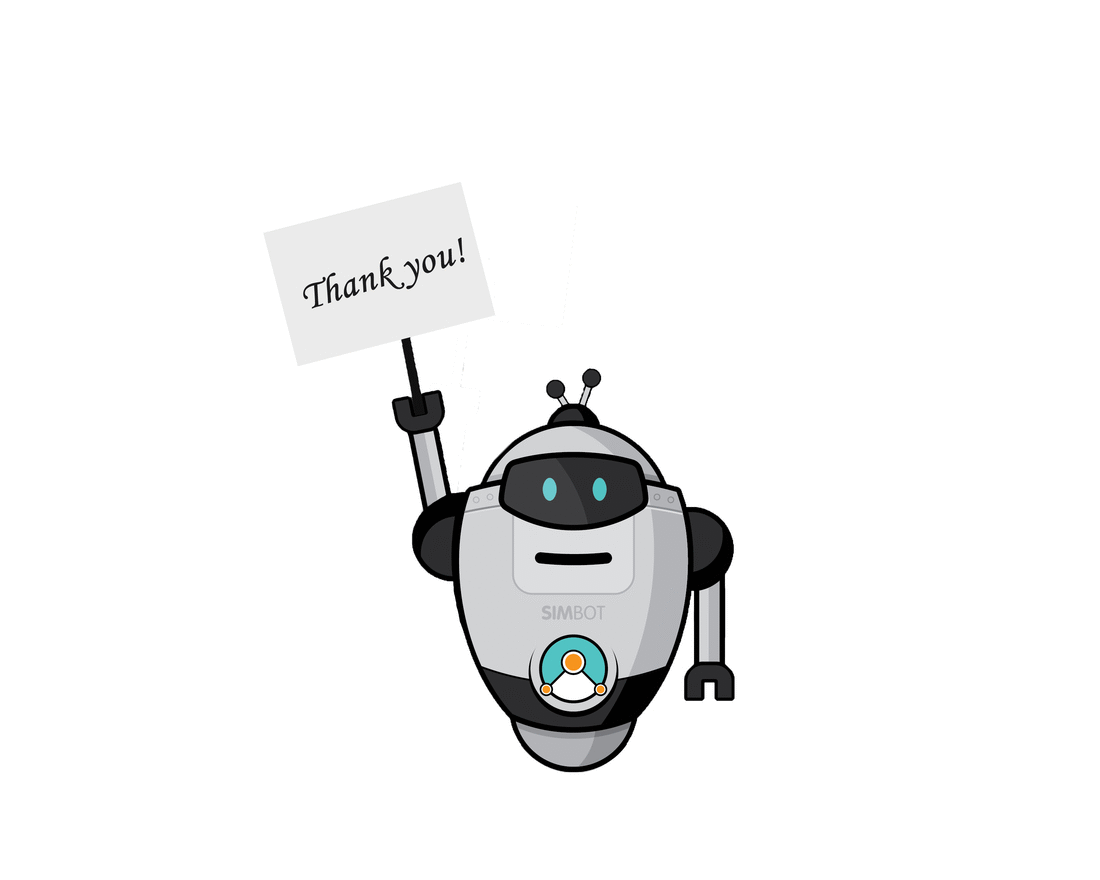 Simbot holding a thank you sign